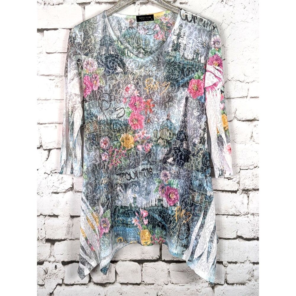 KATINA MARIE Rhinestone Sublimation Top Paris Floral Fairy USA-Made Y2K Size XL